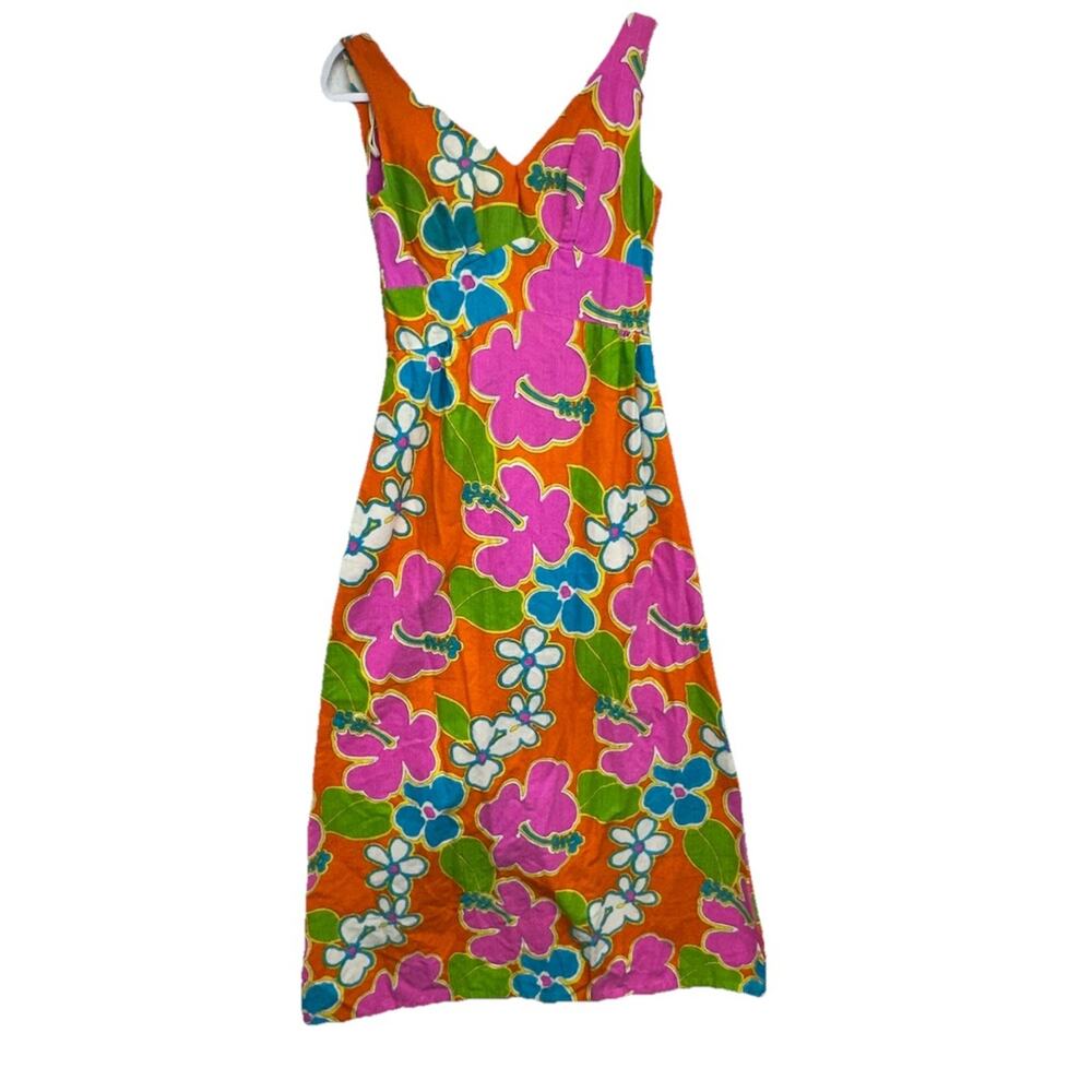 Vintage 60s Dress Malihini Hawaii Designer Collection Maxi Floral Hot Neon